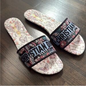 Dior Embroidered Floral Sandals - Black and Cream